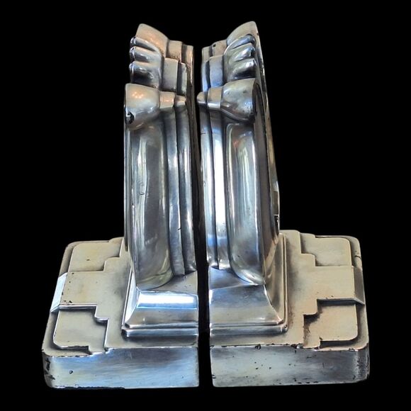 Harp Lyre Heavy Metal Art Deco Bookends Silver Toned Vintage PMC Made in USA - Picture 7 of 16